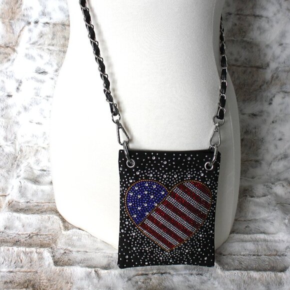 Americana Handbags - Patriotic Red White Blue Rhinestone Bling Black Hobo Crossbody Mini Phone Bag